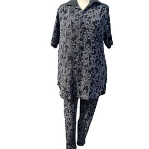 Vtg We-Be-Bop Black White Paisley Pant Set‎ Wms 2X Crinkle Rayon Top & Pants 90s